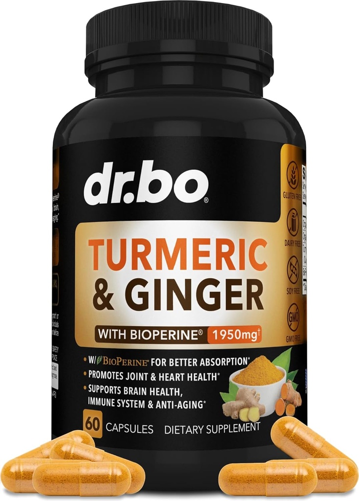 Curcumine curcumine avec supplément BioPerine et gingembre - 1950mg Tumère biologique et curcumine Pilules de poivre noir BioPerine - Supplément Turmeric et gingembre 60 Capsules