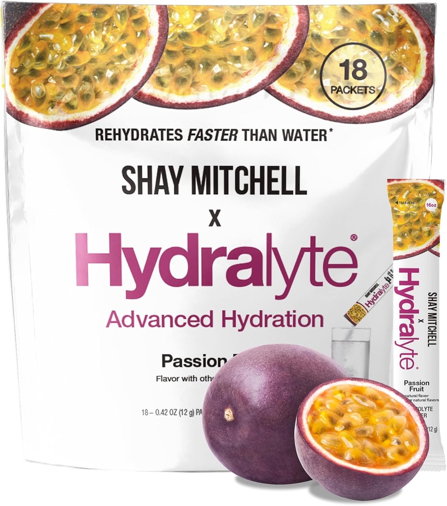 Hydralyte Shay Mitchell Electrolyte Powder Packets, faible taux de sucre Réhydratation rapide, poudre d'hydratation pour la chaleur, les voyages, l'exercice et les parties de licence (fruits de passion)