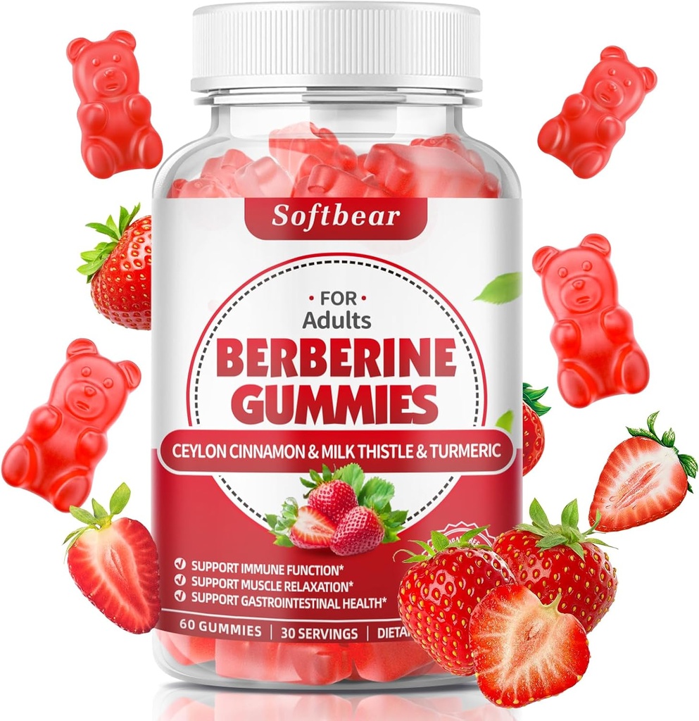 softbear Berberine mit Ceylon Cinnamon Gummis Organic Berberine HCL 1500mg für Stoffwechsel Immune Gesundheit Zuckerfreie Berberine Ergänzungen Erdbeer Flavored 60 Count