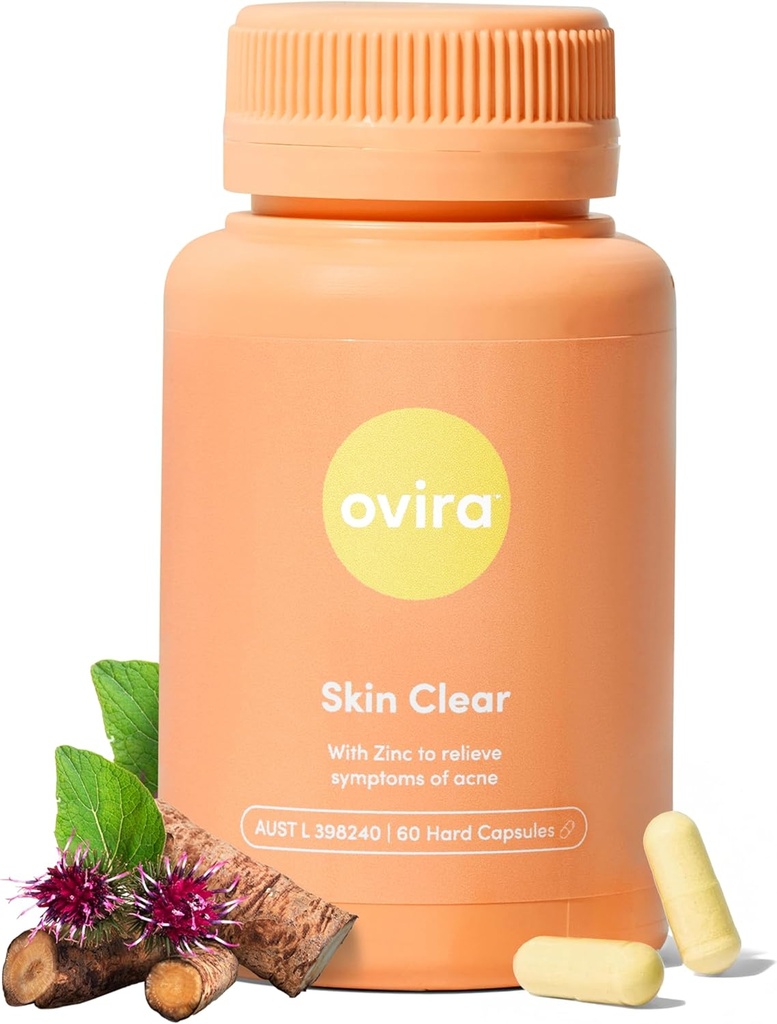 Ovira Skin Clear con ZINCBRIGHT - 60 capsule per pelle chiara e luminosa | Rosacea & trattamento dell'acne ormonale con vitamina C | Support Collagen Production | Integratori di acne per donne & uomini - Confezione da 1