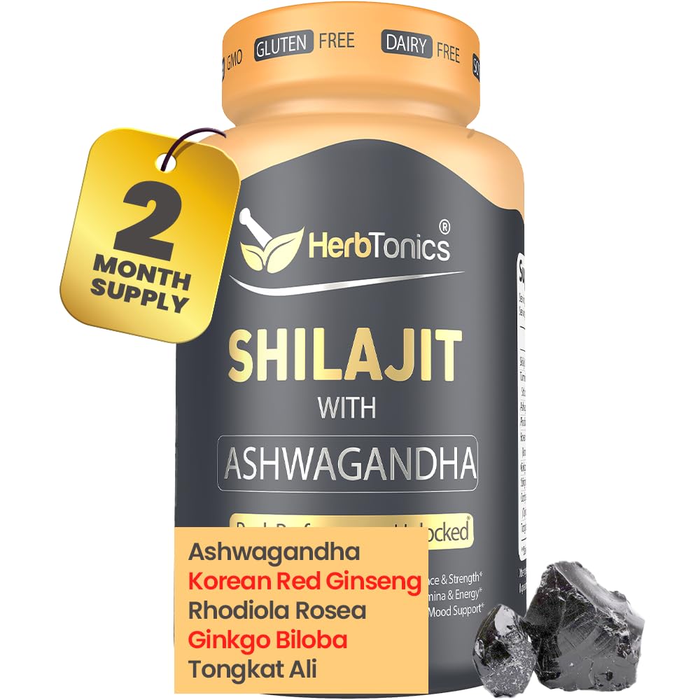 Herbtonics Shilajit für Männer und Frauen mit Ashwagandha, Korean Red Ginseng, Rhodiola Rosea, Ginkgo Biloba, Tongkat Ali | Fulvic Acid & Trace Minerals für Stamina & Immunität | 60 Vegan Kapseln