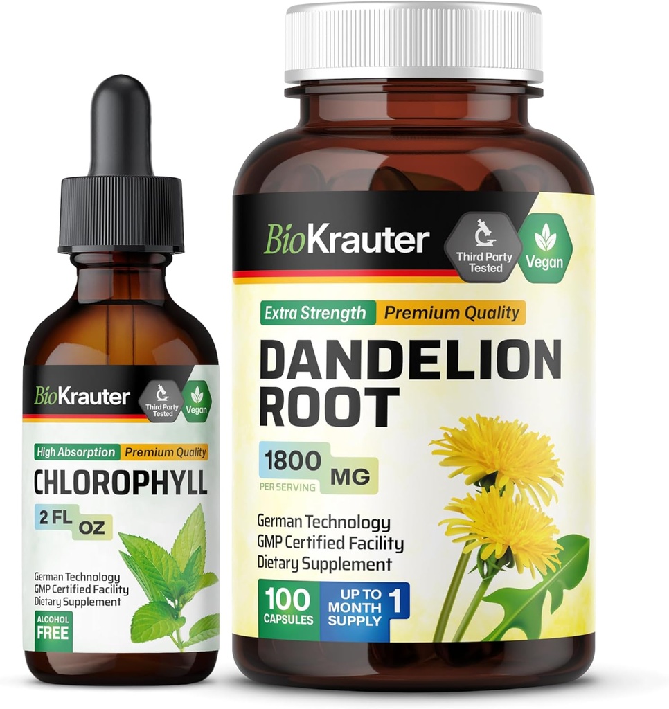 BIO KRAUTER Chlorophyll-Tinktur 2 Fl. Oz. & Dandelion 100 Kapseln