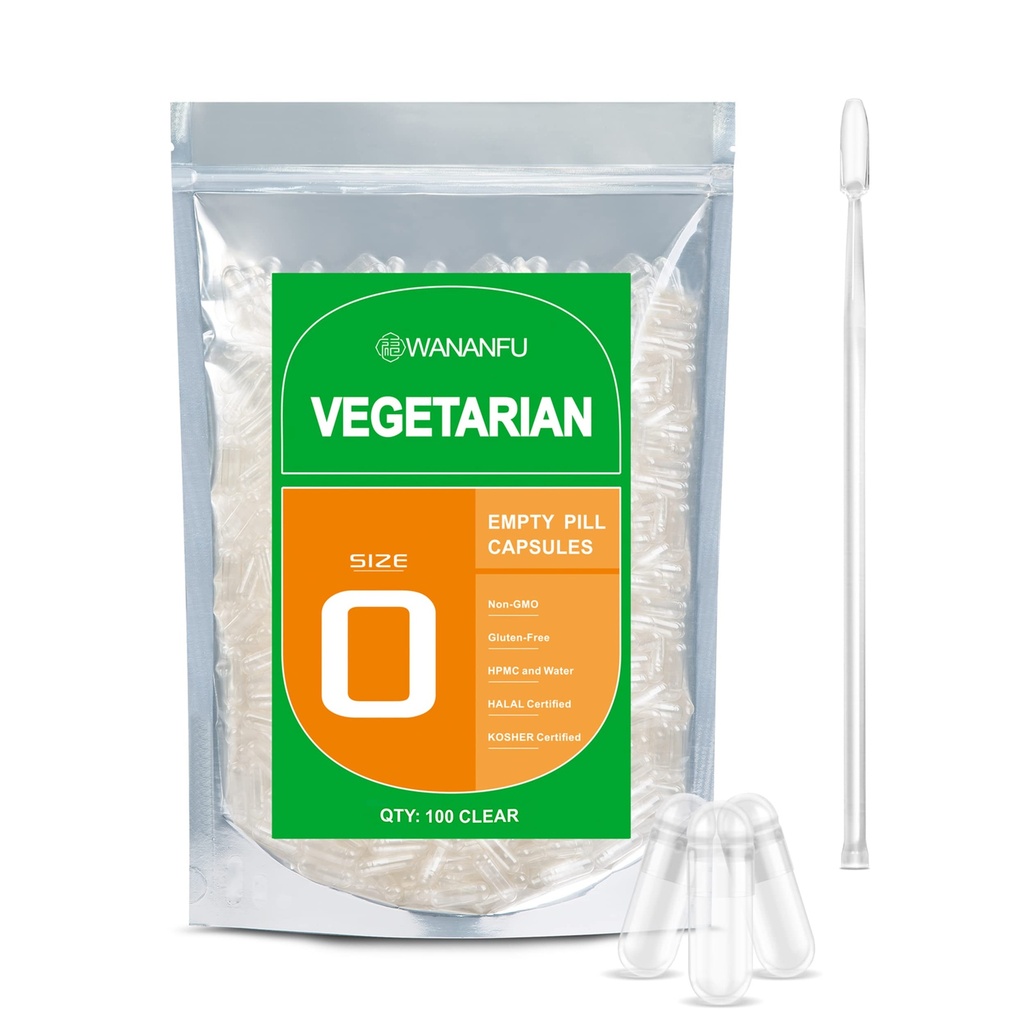 wananfu Größe 0 Leere Kapseln Vegetarisch (100 Zähler) Bundle mit Micro Lab Spoon, Klare füllbare Veggie Pillen Kapseln Größe 0 für Ihre eigenen Ergänzungen