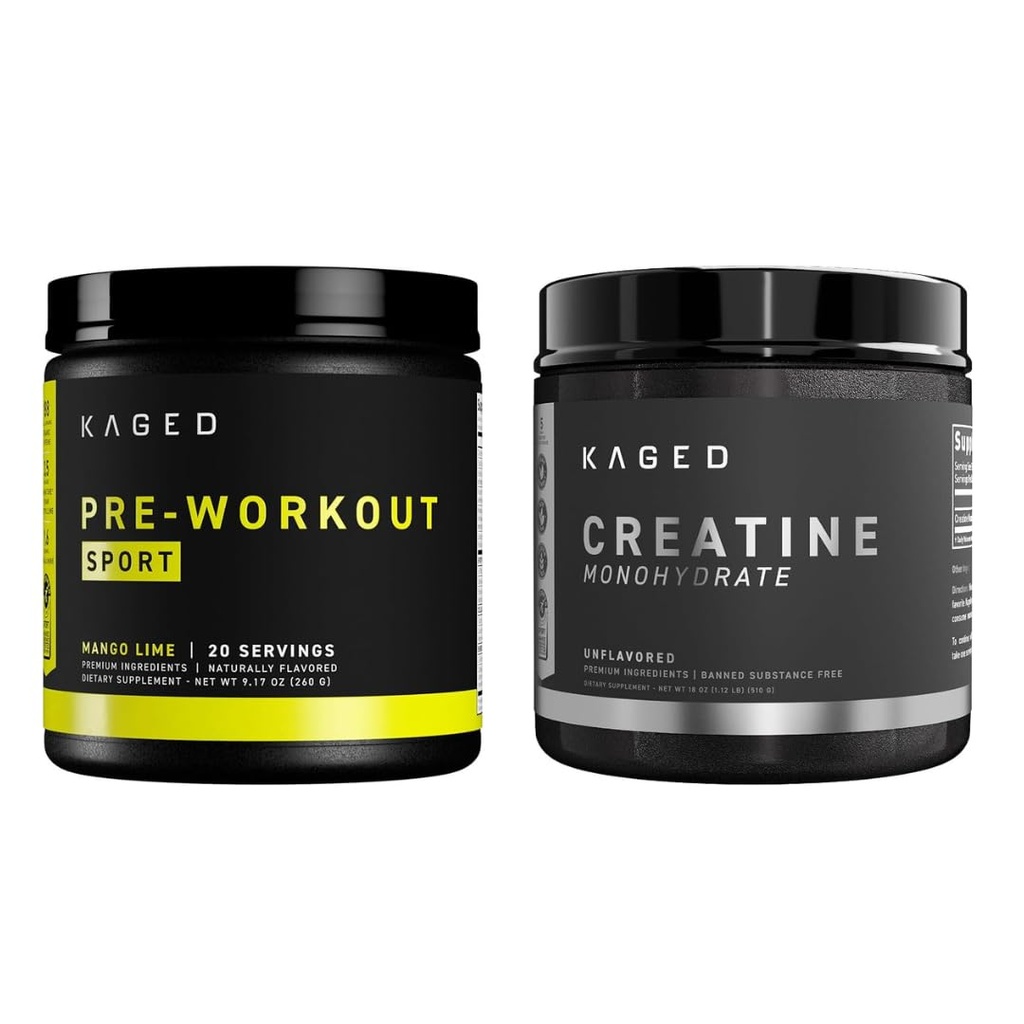 Kaged Pre Sport Pre Workout Pulver Mango Lime Kreatin Monohydrat Mikronisierte Pulver Bundle, Energie & Muskel-Recovery Supplement Pack, 20 Servieren Pre-Workout + 100 Servieren Kreatin