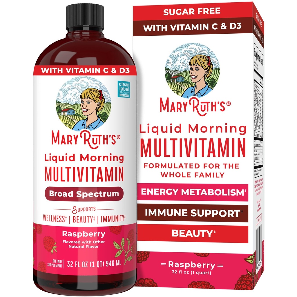 MaryRuth Organics Liquid Morning Multivitamin für Frauen, Männer und Kinder | Vitamin A C D E B6 B12 Biotin Zinc | Beauty | Vegan | Non-GMO | Glutenfrei | 32 Servietten