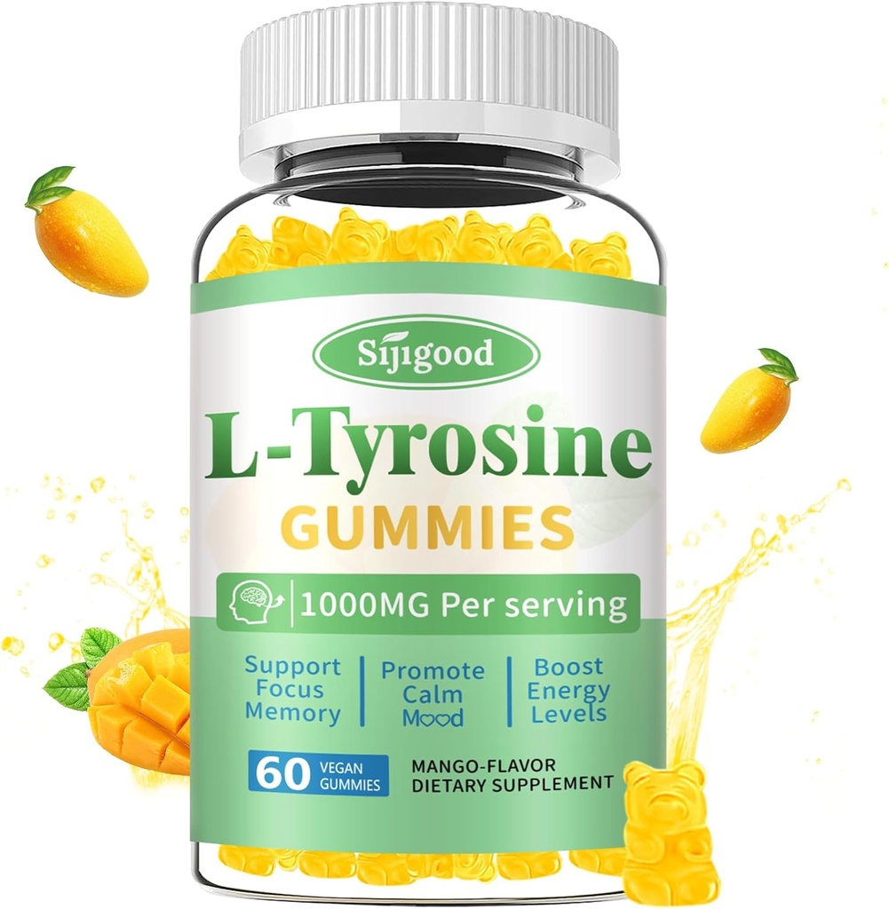 L-Tyrosine Gummi für Erwachsene und Kinder - 1000mg L-Tyrosine Ergänzung Fokus Gummi für Gehirn, Stimmung, Energieunterstützung, Vegan & Gluten-frei, Mango Flavor, 60 Count