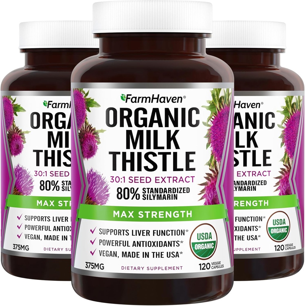 FarmHaven USDA Capsules de chardon biologique de lait (en anglais seulement) 30X Extrait concentré de graines et 80% Silymarin Standardisé - Soutient la fonction hépatique et la santé globale (en anglais seulement) 360 Capsules Vegan