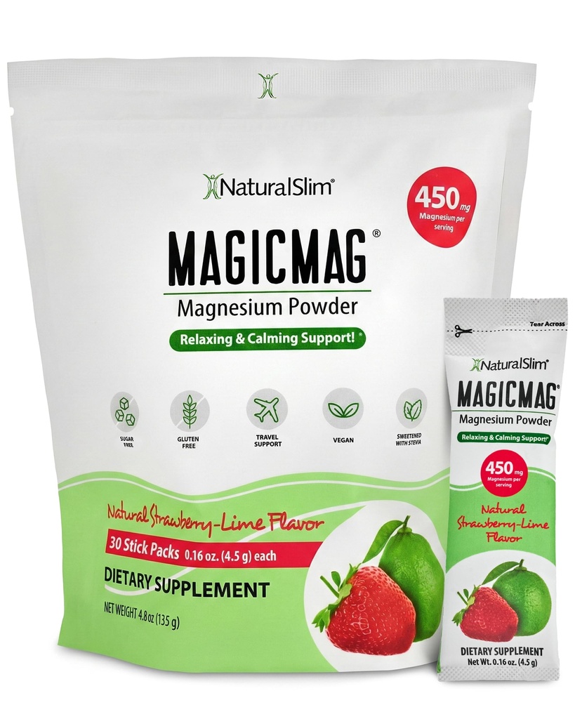 NaturalSlim MagicMag Magnesium Packs 30 Stick Pack Magnésium Citrate Powder – Stress, Constipation, Muscle, Heart Health, and Sleep Support