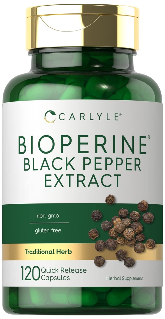 Carlyle Bioperine 10mg | 120 capsule | Non-GMO & Gluten Free | Fonte dell'estratto di pepe nero | Supporta l'assorbimento della polvere della curcumina