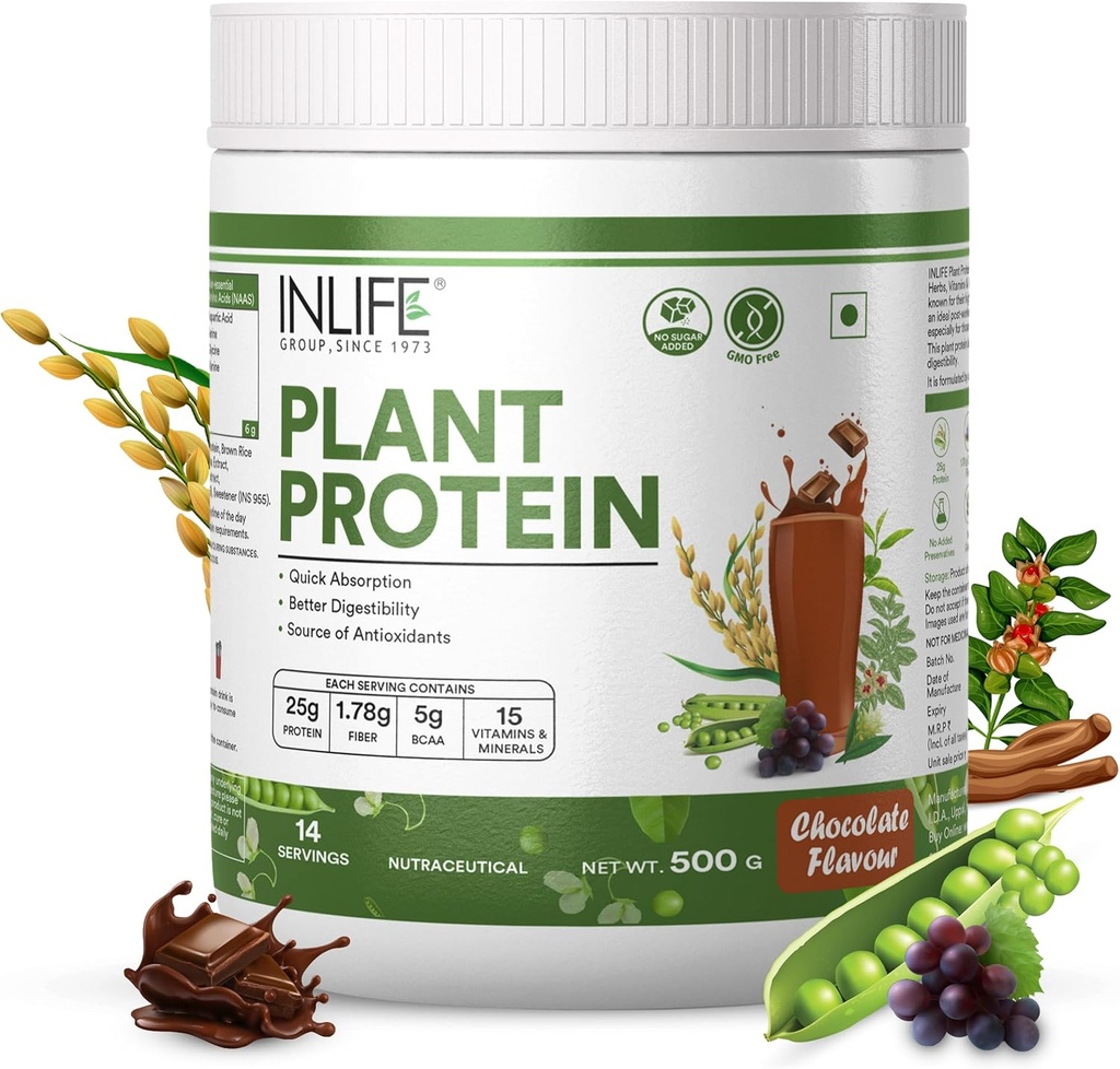 Polvere proteica vegetale INLIFE - Pea, Quinoa & Riso Marrone - 25g Protein - Ashwagandha, Estratto di sementi di tè verde & Uva - Supplemento (500 g, Cioccolato)