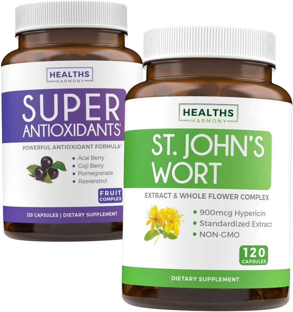 Antiossidanti & St. John's Wort (2-Month Supply) Serenity Antioxidant Blend - Super Antiossidanti - Potente Super Food Daily Blend (120 Caps) & St. John's Wort - Potente 9000mcg Extract (120 Caps)