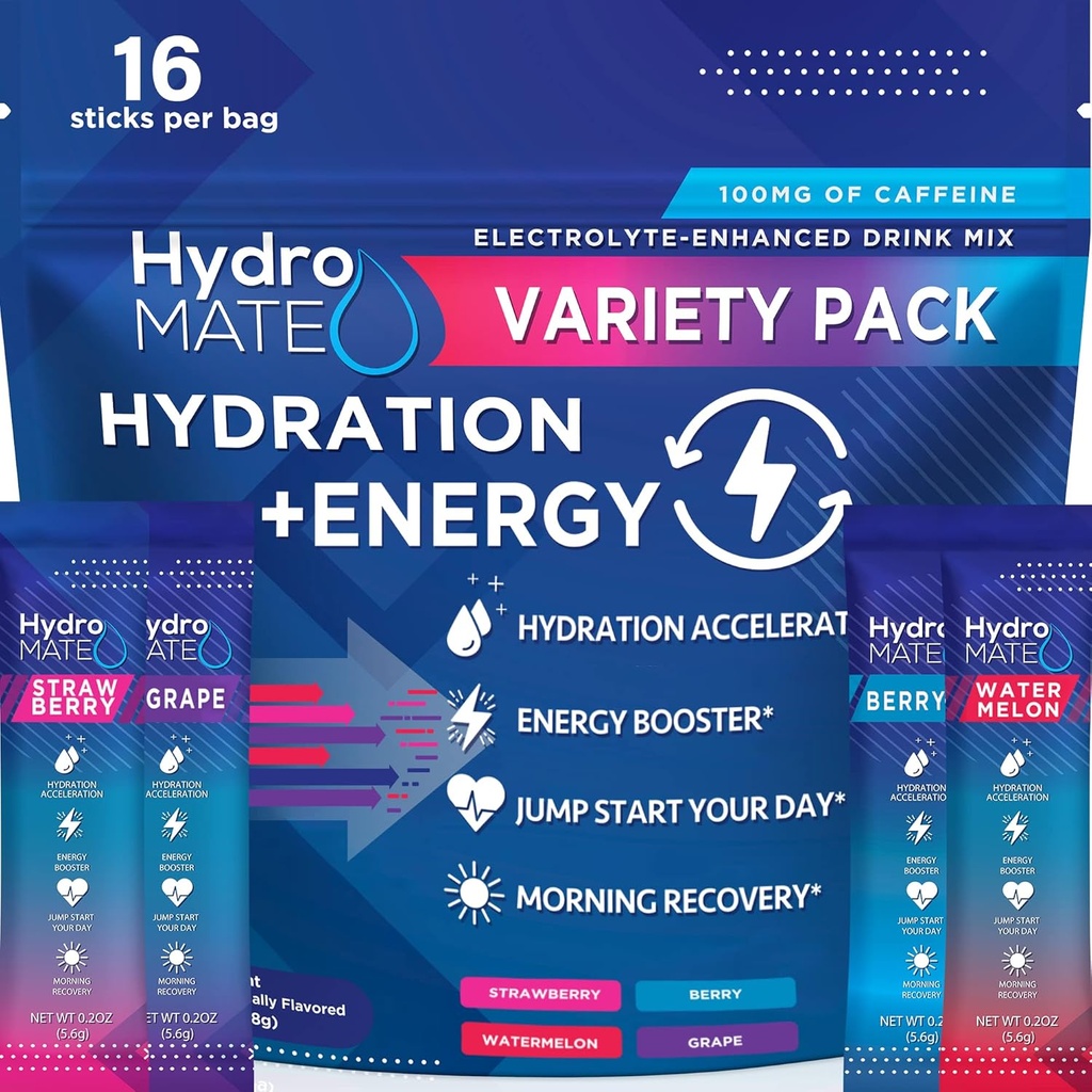 HydroMATE Electrolytes Poudre Boisson Mélange Packets Accélérateur d'hydratation Faible Sucre Parti Favoris pour la récupération rapide Vitamine C Plus Caféine Variété Pack 16 Sticks