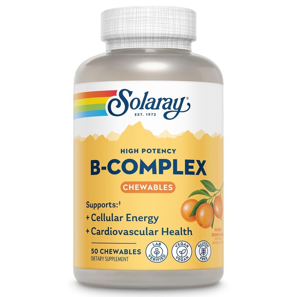 SOLARAY Vitamin B-Komplex 250mg Natürliche Orange Flavor | Gesundes Haar, Haut, Immunfunktion & Stoffwechsel Unterstützung | Lab Verifiziert | 50 Kaubare