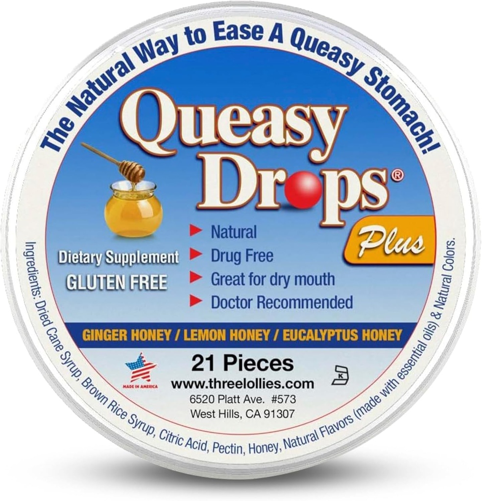 Tre Lollies Queasy Drops Plus - Lozenges con Pectin & Honey a Soothe a Dry Mouth - Alleviate Nausea & Motion Sickness - Naturale - 21 ct