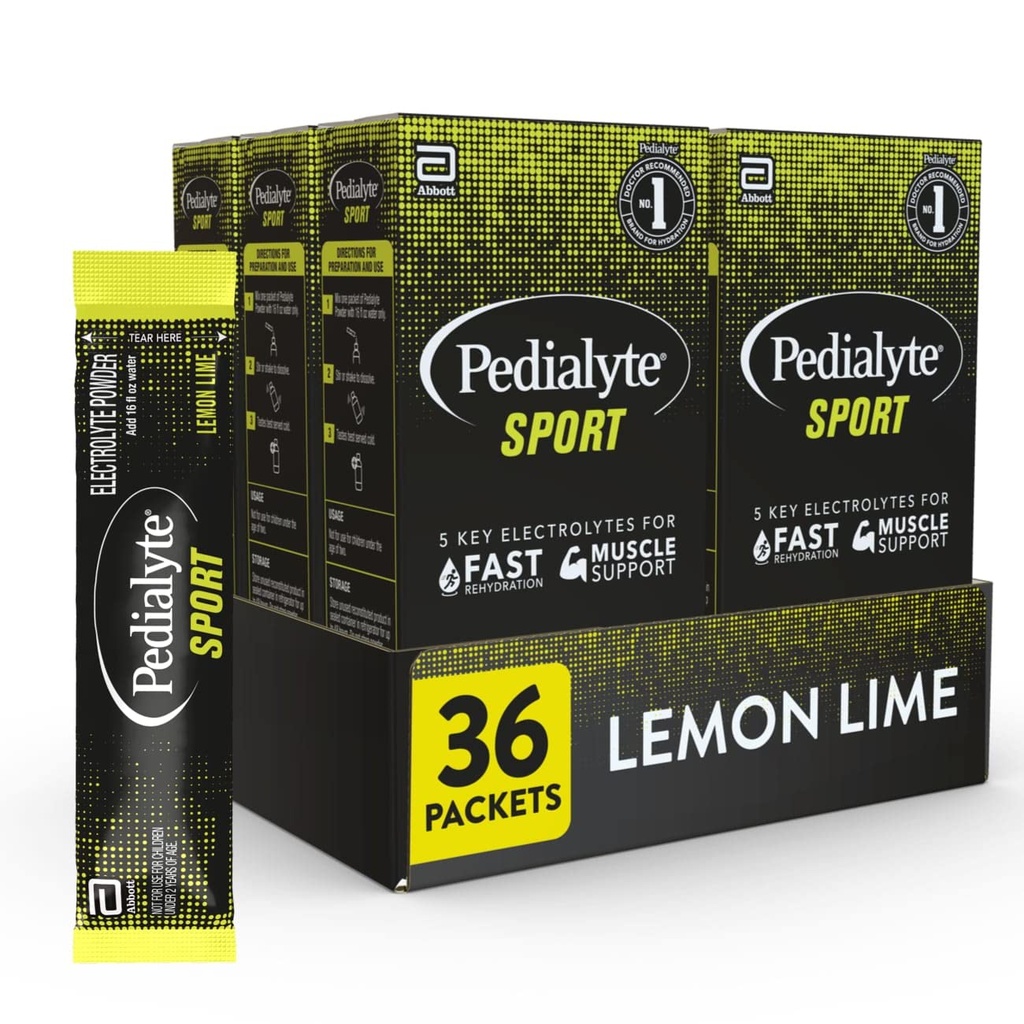 Pedialyte Sport Electrolyte Powder, Idratazione veloce con 5 elettroliti chiave per il supporto muscolare prima, durante, & dopo l'esercizio, Lime di limone, 0.49-oz Packets (36 Conte)