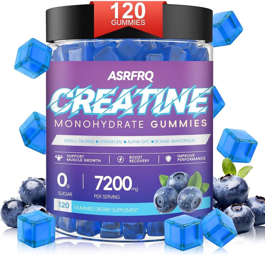Creatina Monoidrato Gummies per Uomini & Donne 120 CT - 7200mg di Creatina Monoidrato per Serve, Creatina Masticabile Monoidrato per Supporto Muscolare & Energy Boost, Sugar Free, Vegan (BlueberryFlavor)