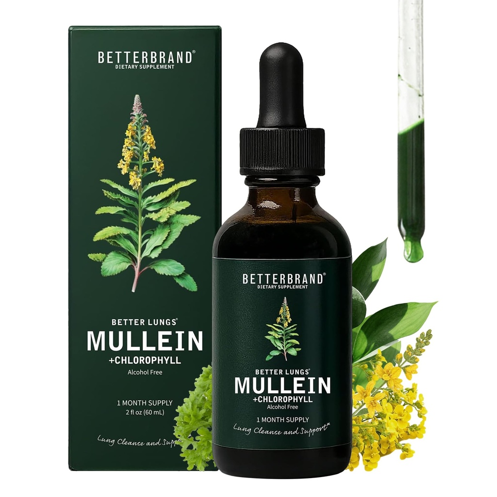 Betterbrand Mullein Drops for Lung Detox - Mullein Leaf Tincture with Chlorophyll - Aiuta a sostenere la salute respiratoria, senza alcool, 1 mese di alimentazione - 60ml