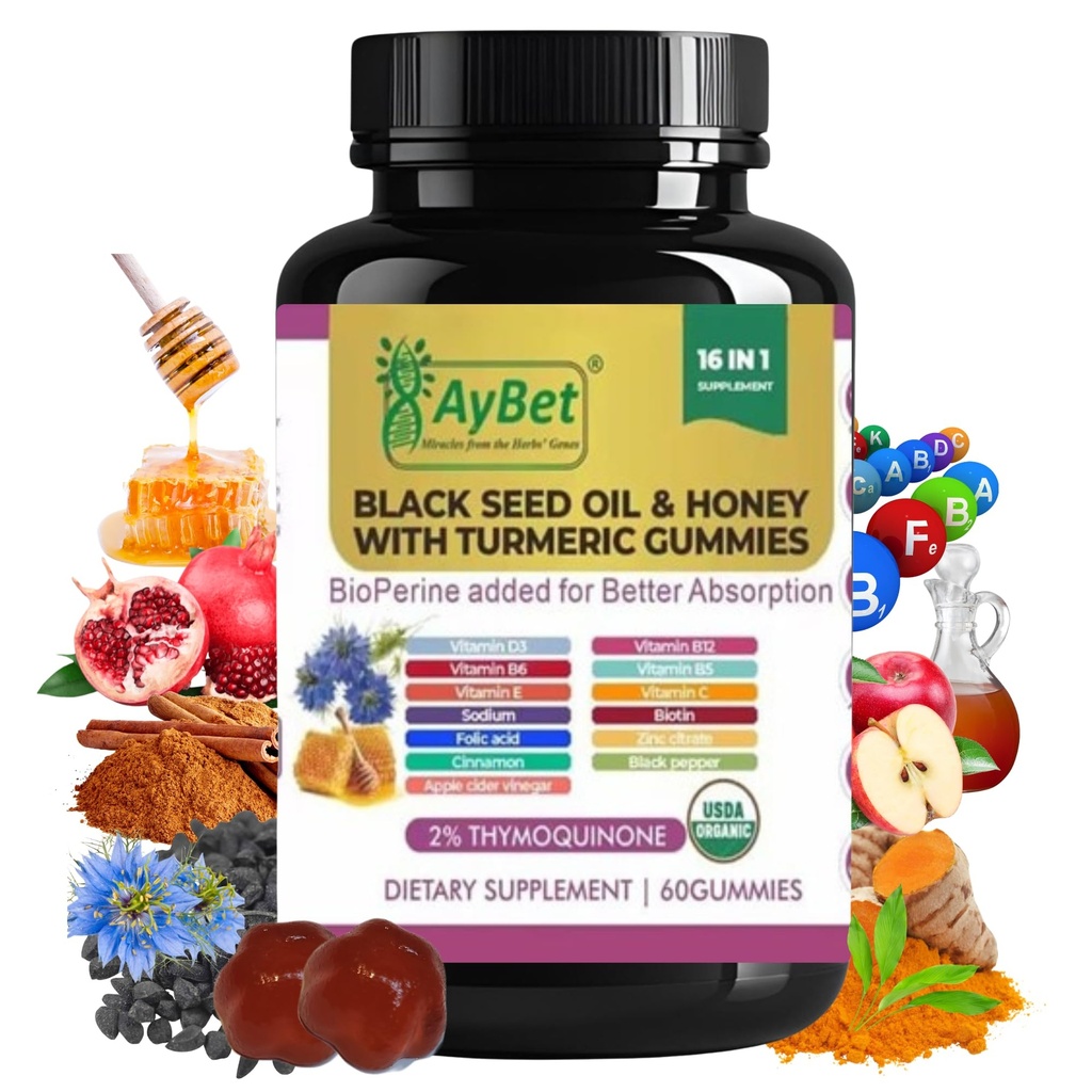Olio e miele di semi neri con gommoni erboristici con BioPerine, Aceto di sidro di mele, Biotina, Zinco e Vitamine C D3 B12 – Supporto per unghie per pelle d'energia e capelli – 60 Vegan, Halal, Organic Gummies