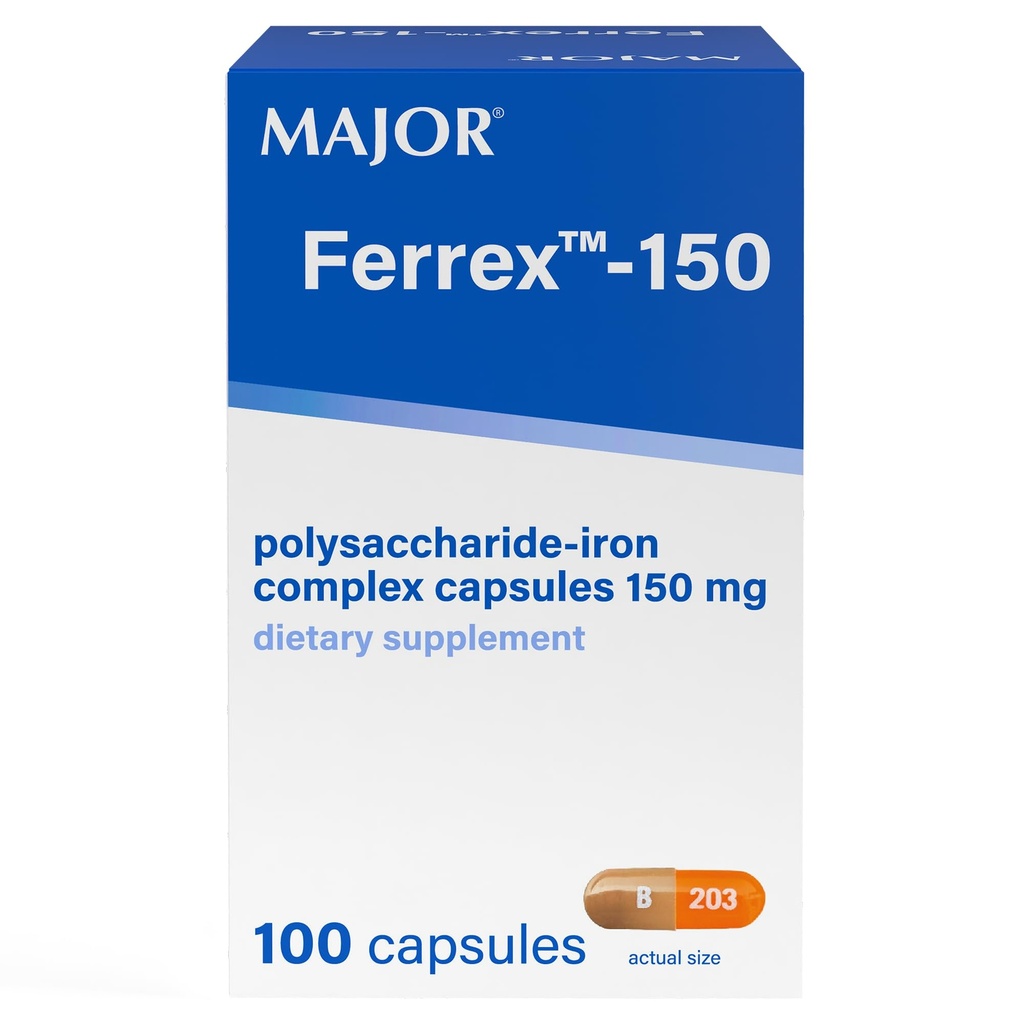 MAJOR Ferrex-150 Polysaccharid-Iron Complex Capsules 150mg Eisenergänzung für Frauen und Männer – Gentle on Stomach – 100 Kapseln