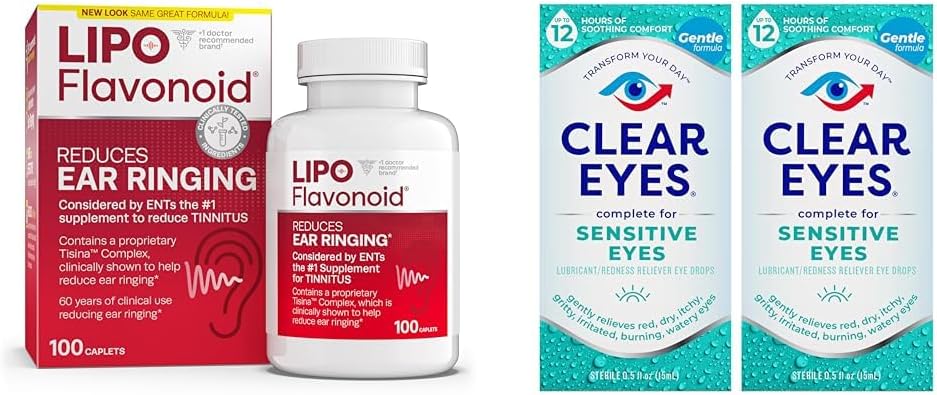 Lipo-Flavonoid Tinnitus Relief Ohr Gesundheit Vitamine 100 Kapseln & Klare Augen Sensitive Augentropfen 0.5 Oz 2 Pack Bundle
