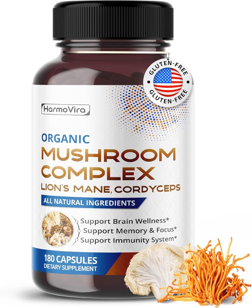 Organic Mushroom Complex mit Lion's Mane, Cordyceps & Turkey Tail – Gehirn, Memory & Immune Support – 180 Kapseln (6-Monats-Versorgung)