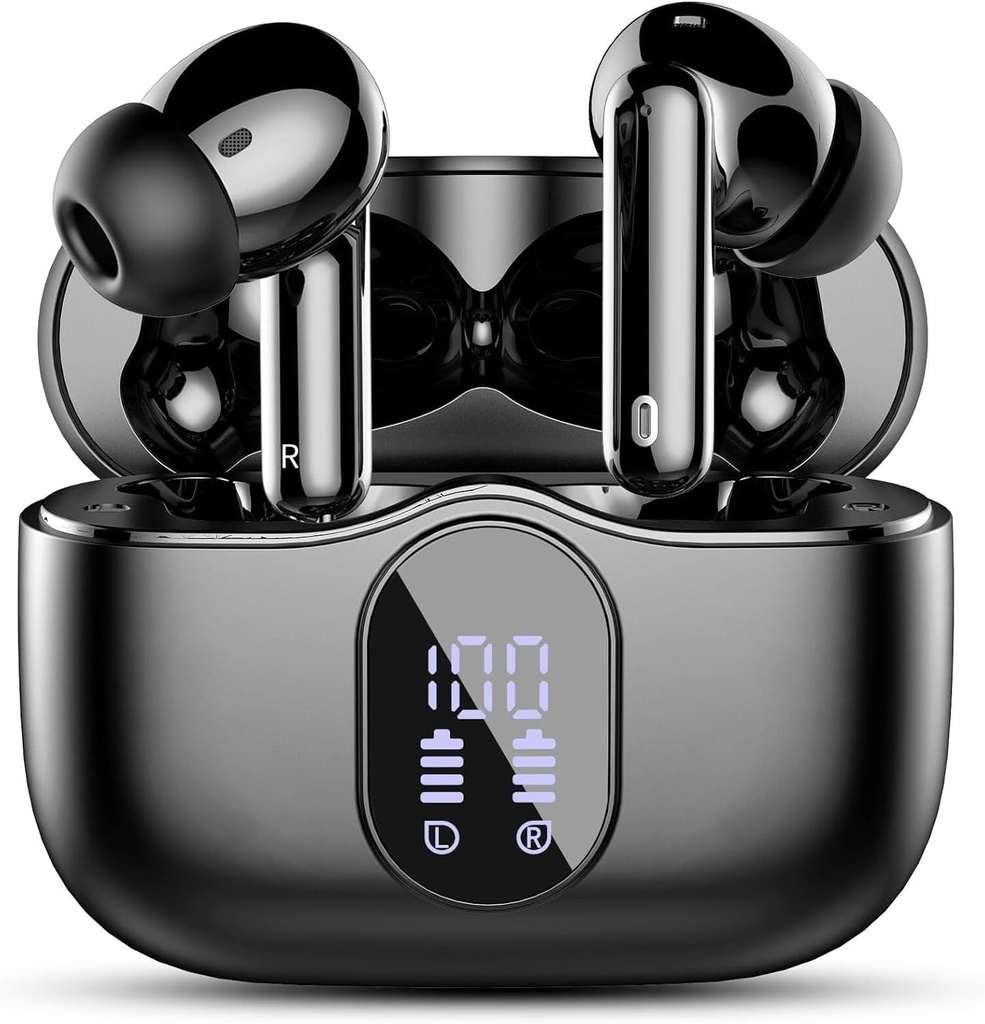 Wireless Earbuds, Bluetooth 5.4 Kopfhörer Bass Stereo, Ohr Buds mit Noise Cancelling Mic LED Display, IP7 wasserdicht in Ohr Kopfhörer, 36H Playtime für Laptop Pad Telefone Sport Workout, Schwarz