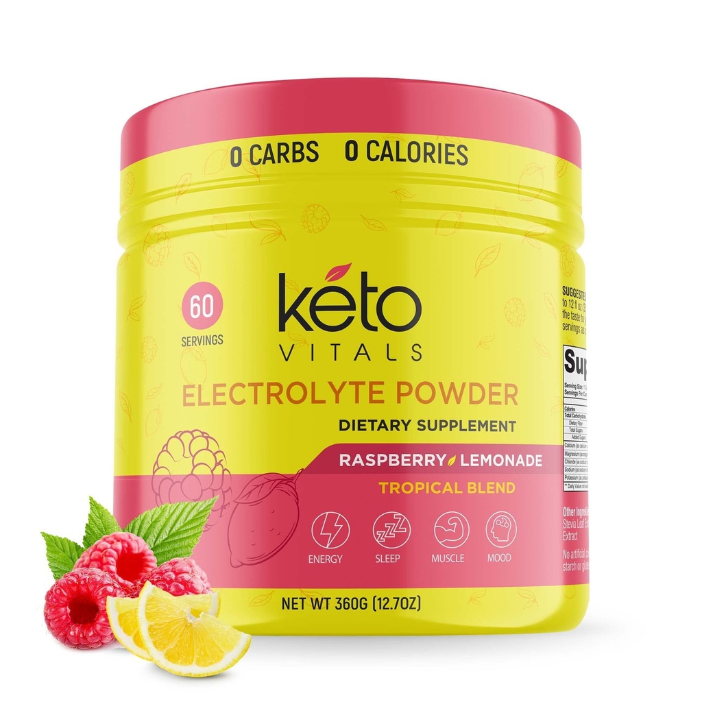 Keto Vitals Electrolytes Powder - Sugar Free Keto Electrolytes Powder with Potassium, Magnesium, Sodium, & Calcium - No Sugar Electrolyte Drink Mix & Hydration Powder, 60 Servings, Raspberry Lemonade