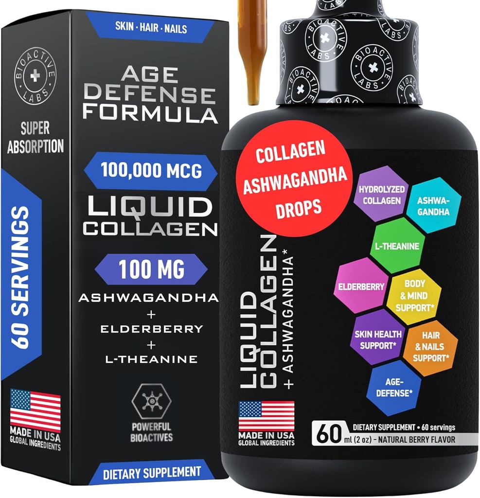 Collage liquido per le donne e gli uomini con calma Ashwagandha - 100.000mcg Bovine Collagen Drink, 100mg Ashwagandha Liquido per la pelle radiante, capelli, unghie e supporto immunitario - 2oz Berry Flavor Drops