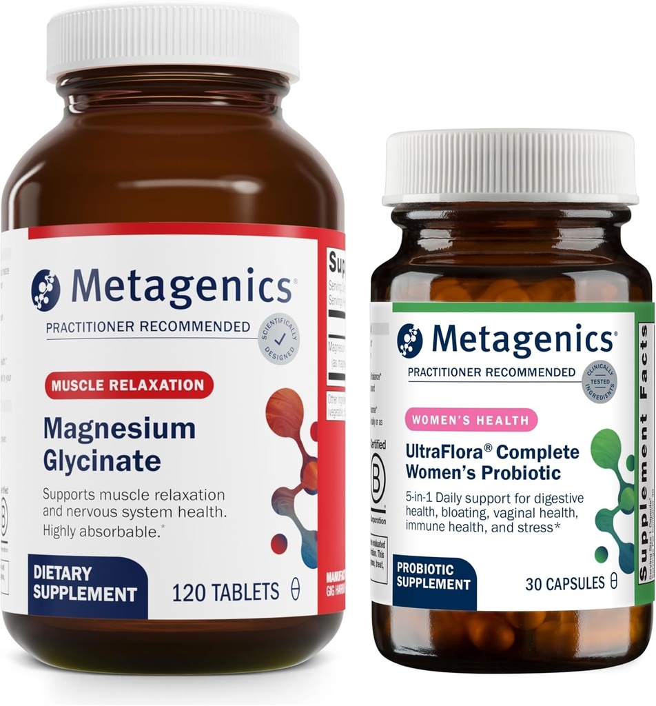 Metagenics Magnesium Glycinate (120 compresse) & UltraFlora Probiotico femminile completo (30 capsule) - Magnesio assorbibile per il supporto del sistema nervoso - Aids Salute Digestiva