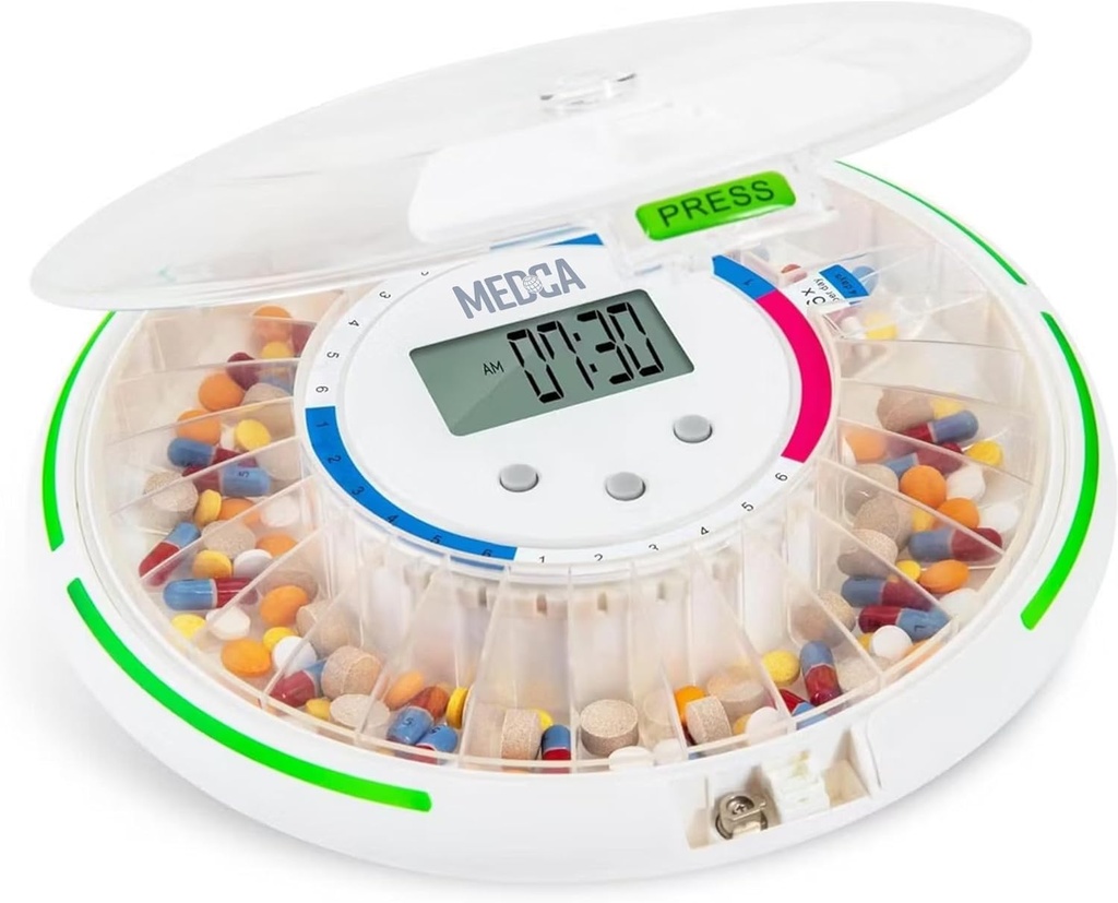 Dispenser automatico di pillole con 28 giorni organizzatore di farmaci elettronici - contenitore chiave bloccabile con display LCD, allarme leggero e acustico per il medicamento programmato per anziani e anziani
