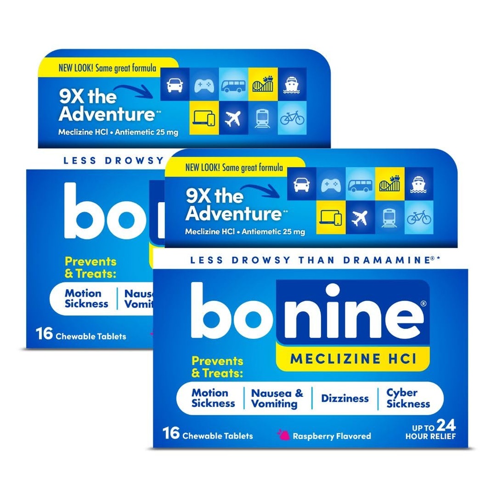 Bonine Non-Drowsy Motion Sickness Relief - 32 Kautabletten mit Meclizine HCL 25mg - Non Drowsy Medizin für Übelkeit oder Bewegungskrankheit - Kreuzfahrt Essentials - Raspberry Flavor