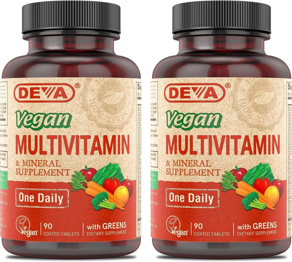 DEVA Vegan Multivitamin & Mineral Supplement mit Eisen 2-Pack, Spirulina, Chlorella, Ashwagandha, Broccoli & More, 90 Beschichtete Tabletten