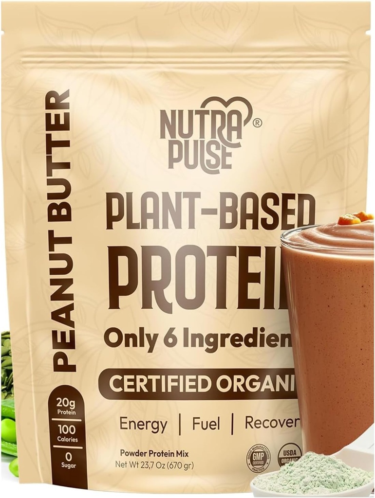 Bio Vegan Protein Pulver – Peanut Butter Flavor, Pflanzenbasiert, Glutenfrei, Non-GMO, Soy-Free, 20g Protein Per Servierung, Ideal für Glattereien, Shakes, Backen, Kochen (1 Packung, 20 Portionen)