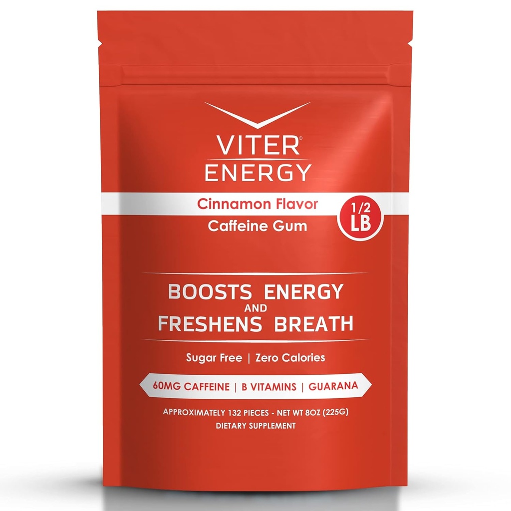 Viter Energy Caffeinated Gum 60mg Caffeine, B Vitamins, Guarana, Sugar Free. (Cinnamon, 8oz, Bulk Bag)