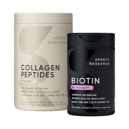Recherche sportive Peptides de collagène pour les femmes et les hommes Hydrolysés de type 1 et 3 Supplément protéinique Mélange facile d'éléments nutritifs vitaux Protéines et biotine végane 10 000 mcg Max Strength B7 120 Softgels (4 mois d'approvisionnement)