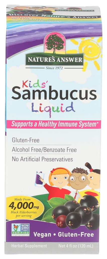 Natur Antwort Bioverfügbar Sambucus Kids Formel | 4-Fluid Unzen | Kosher Certified Organic Elderberry Syrup | Great Taste & Gluten-Free | Nahrungsergänzung | Keine künstlichen Konservierungsstoffe (Pack 1)