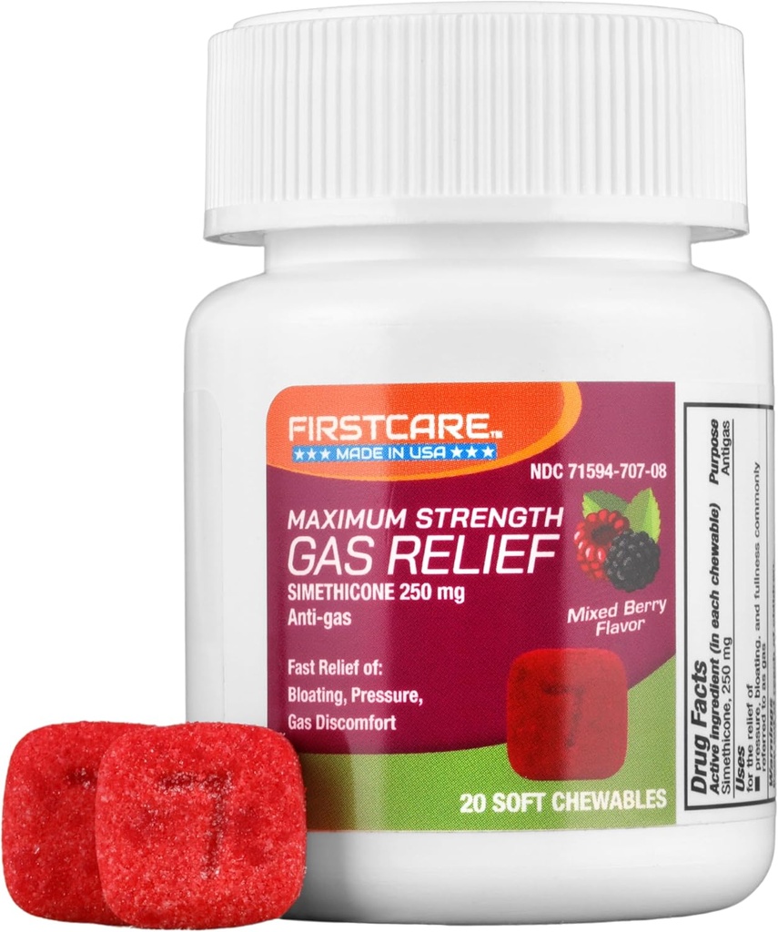 FirstCare® Gas Relief Weiche Chewables - Schnelles Relief von Bloating, Überdruck, Vollständigkeit und Gasentlastung | Simethicone 250 mg | Anti-Gas-Schützungsmedizin (20 Zähler)