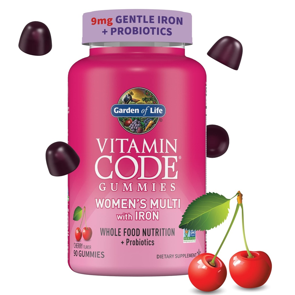 Jardin de la vie Vitamine Code Femmes Multivitamine Gommy avec fer: Folate, Biotine, D3 & B12 pour cheveux, peau et ongles + probiotiques pour la santé immunitaire et la digestion, non-OGM, sans gluten, 90 Gommies cerises