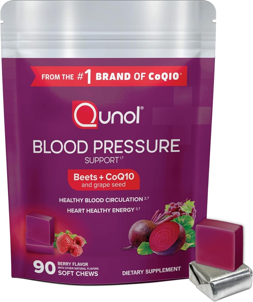 Qunol Beets Chews für Blutdruckunterstützung, 3 in 1 Beets + CoQ10 + Grape Seed Extract, Unterstützt gesunde Blutzirkulation & Herz Gesunde Energie, 90 Chews
