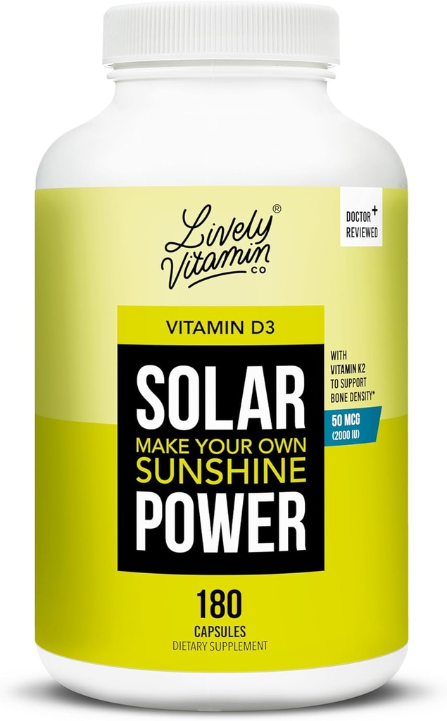 LIVELY VITAMIN CO. Solar Power Vitamin D3 2000 iu - Patented Vitamin K - MK7 - Immune Balance - Brain Function - Mood - Heart - Stress - 180 Count