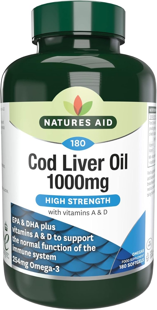 Natures Aid High Strength Cod Huile de foie 1000mg avec vitamine A & D - 180 Capsules