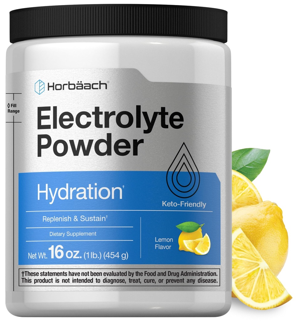 Horbäach Elektrolyte Pulver | 16 oz | 130 Servierungen | Hydration Supplement | Vegetarisch | Keto-Friendly | Non-GMO, Glutenfreie Formel | Zitronengeschmack