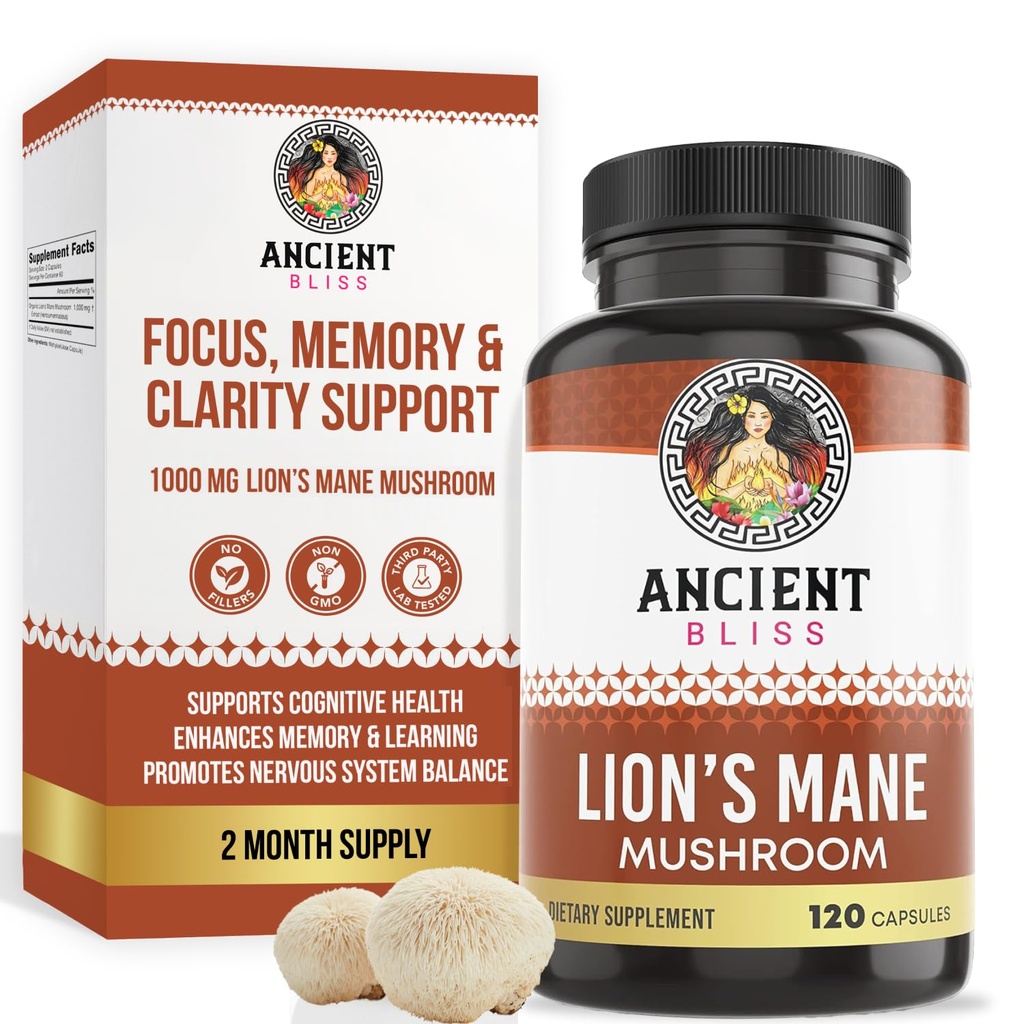 Ancien supplément de la Manille de Lion de Bliss (2 mois d'approvisionnement)- 120 capsules de champignons végétaliens- peut soutenir la clarté mentale, l'énergie et la mise au point de mai- Mémoire et soutien immunitaire supplément de champignons