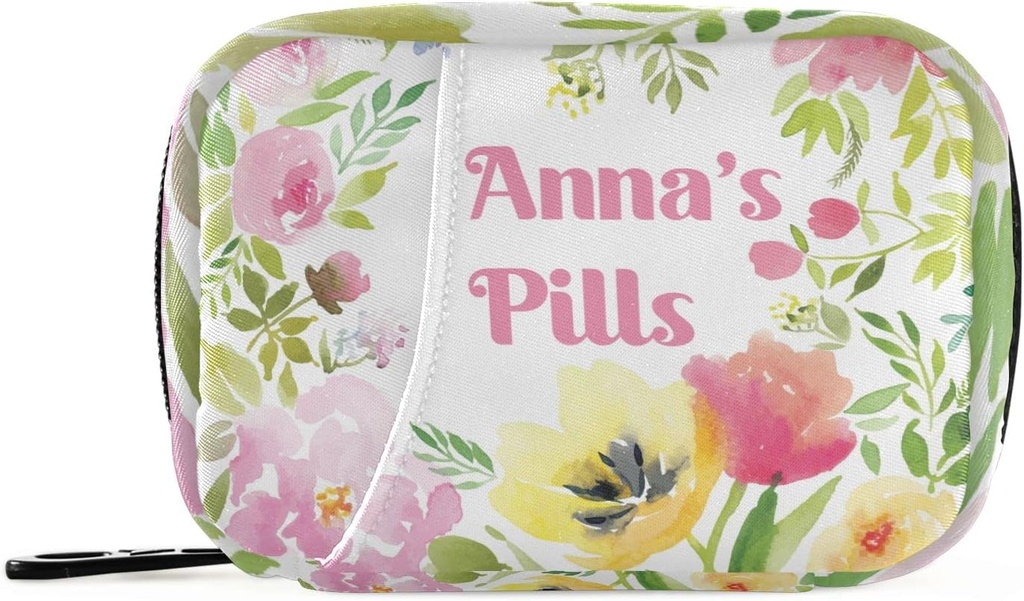 Benutzerdefinierte Pille Box 7 Tage Pille Case Tasche Aquarell Floral personalisiert Name Reise Pille Organizer Tasche mit Reißverschluss Tragbare Wöchentliche Tasche Kompakte Größe für Vitamin Supplement Halter