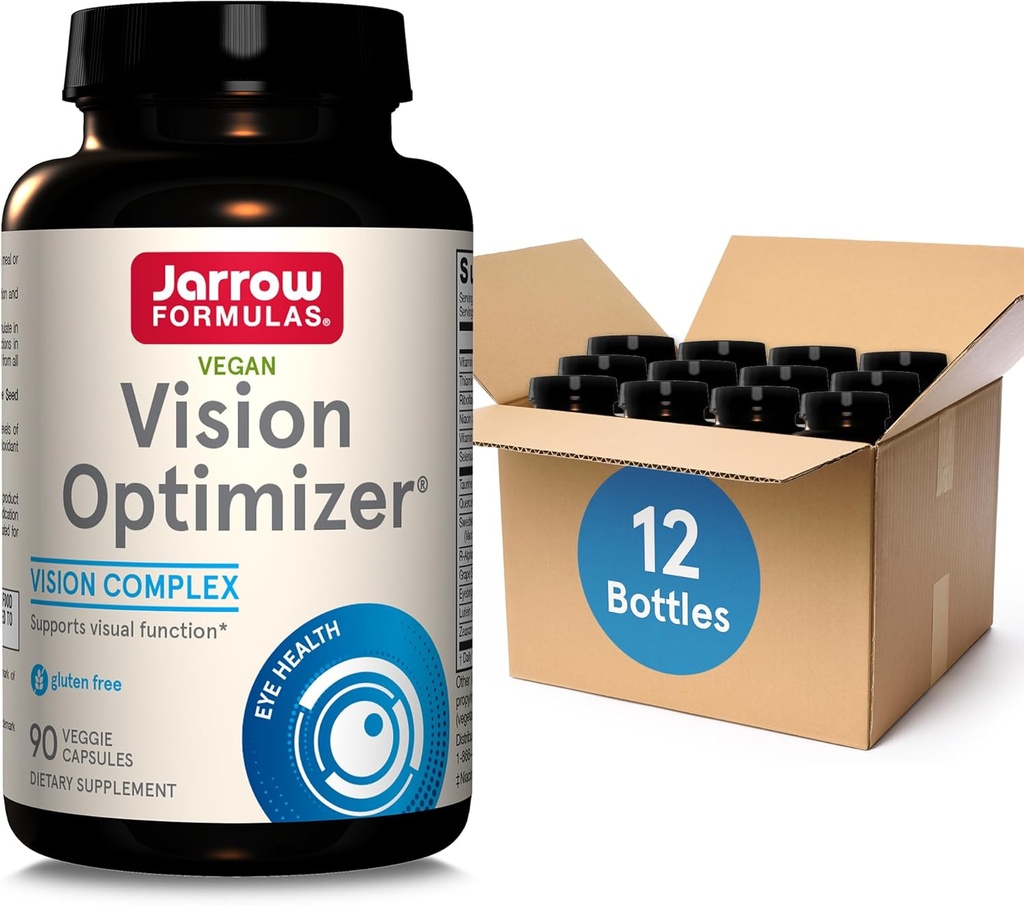 Jarrow Formulas Vision Optimizer Veggie Caps-90 Count - Supplemento agli occhi - Integratore alimentare con estratto di semi di vinaccia, Lutein & Zeaxanthin,Quercetin & More-Non-GMO-Gluten Free,Pack of 12