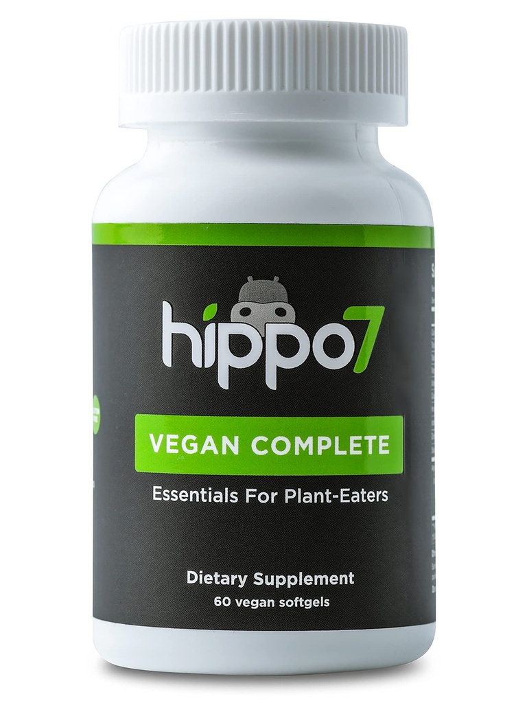 Hippo7 Vegan Vitamina Multivitamina completa B12, Vitamina D, Omega-3 DHA+EPA, Calcio, Iodio, Zinco & Ferro. (1 Bottiglia, 60 Softgels)