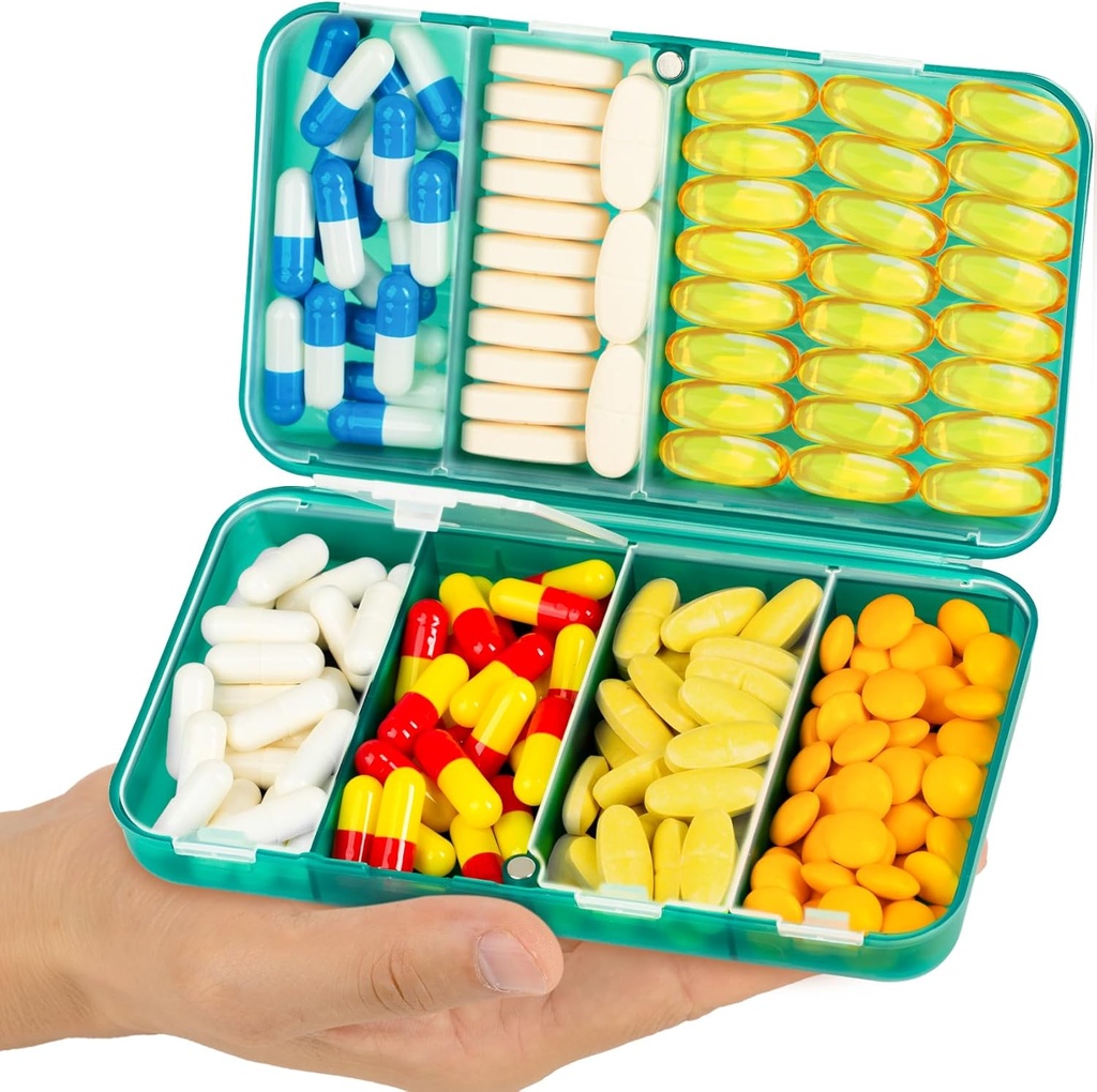 Yaklim Magnetic Travel Pill Organizer, 7 Komponenten Tragbare Pille Box, große Vitamin Organizer mit Etiketten, Tägliche Pille Fall Medizin Organizer, Große Ergänzung Organizer Magnet Pille Container Grün