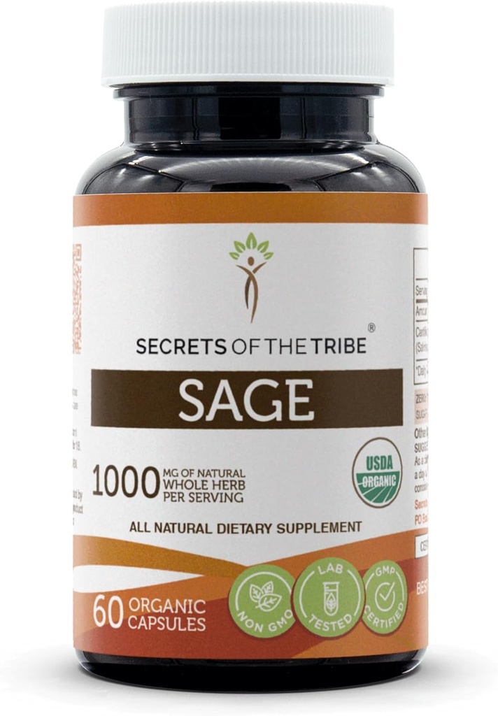 Segreti della Tribe Sage USDA Organic 60 Capsule | Realizzati con Capsule Vegetariani Organici e Sage Organico (Salvia officinalis) Fascia secca (60 Capsule)