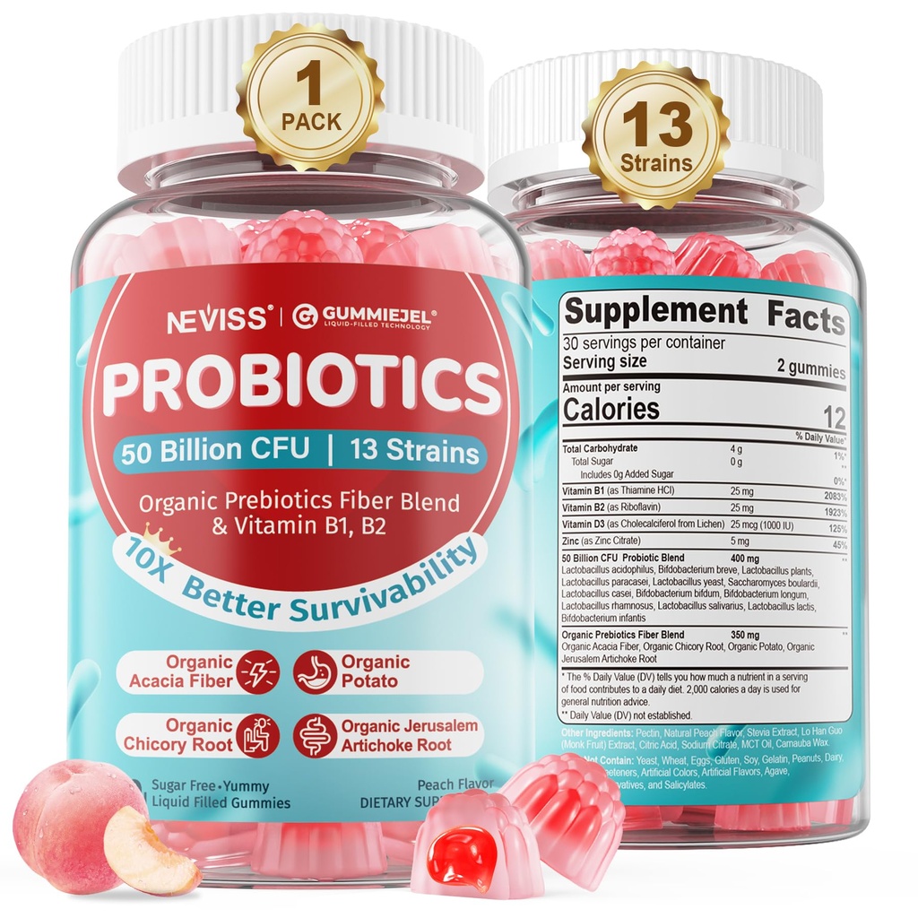 NEVISS Probiotic + Prebiotic Gummies für Erwachsene & Kinder 4+, Sugar Free Chewable 50 Billion CFUs w/Fiber, Vitamin B1 B2 D3 & Zink, für Verdauungs- & Gut Gesundheit, Boost Microflora Diversity, 60 Cts