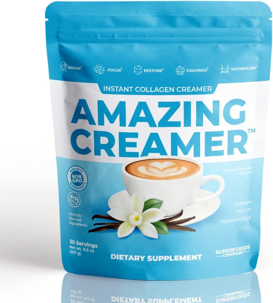 Superfoods Company Amazing Creamer with Collagen - Keto Creamer-Hyaluronique Acid & MCT Oil - Brain Boost & Curbs Cravings - Soutient une peau et des cheveux sains - Diet-friendly [30 portions] [Vanilla]